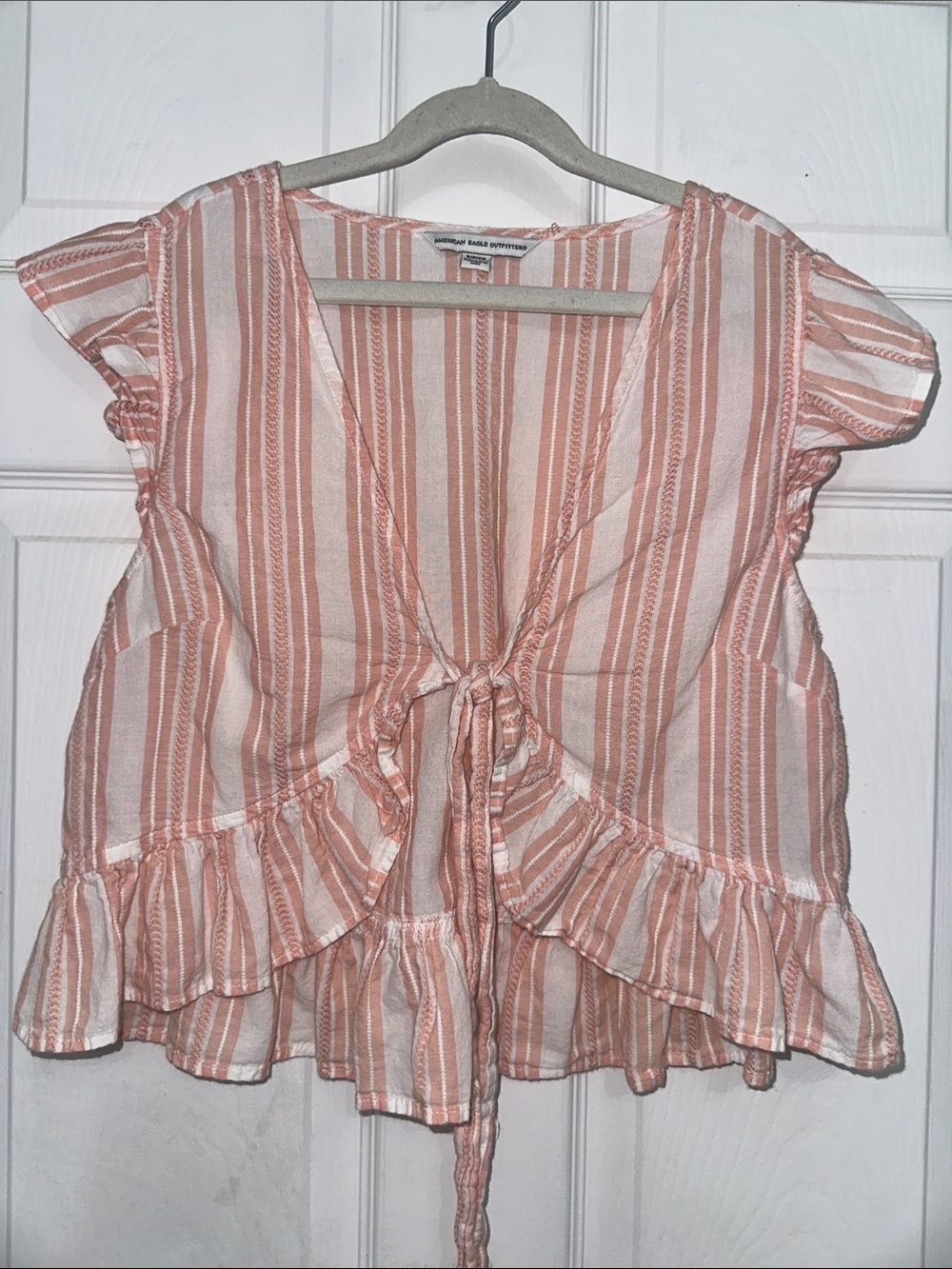 American Eagle Outfitters Peach-Striped Tie Front Ruffle Blouse